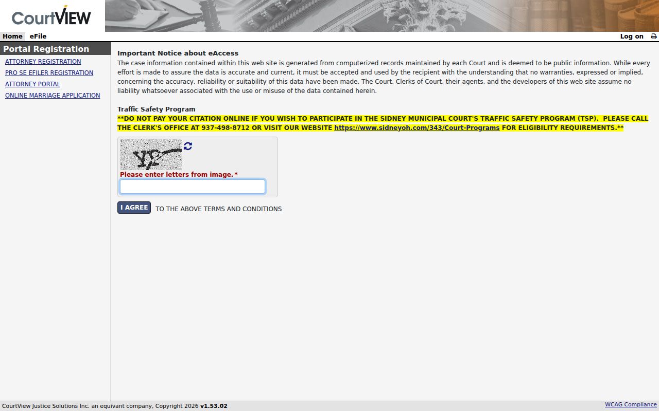 Sidney residents directory Municipal Court eAccess screen