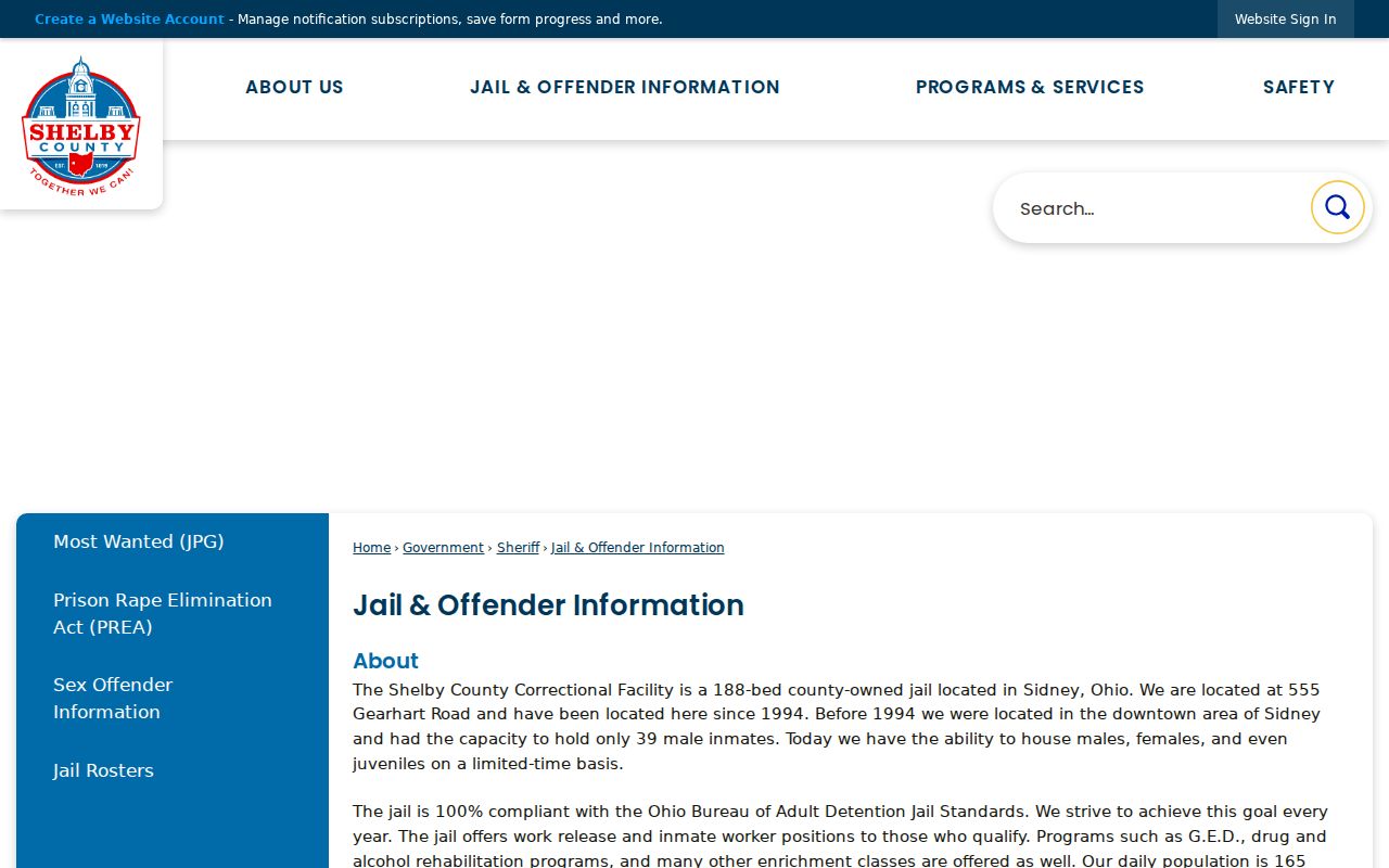 Sidney resident lookup view of Shelby jail and offender information limits